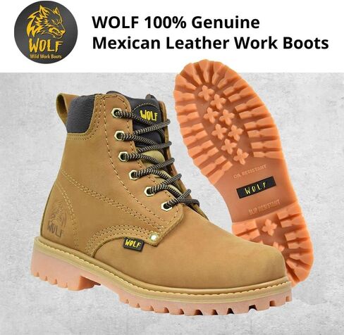 حذاء العمل وولف | جلد البقر المكسيكي الأصلي المقاوم للماء | مقاومة النفط | معزول | نعل مطاطي مانع للانزلاق | بوسكين | طوق مريح مبطن | البناء ومعدات الحماية الشخصية الصناعية | تان in Kuwait