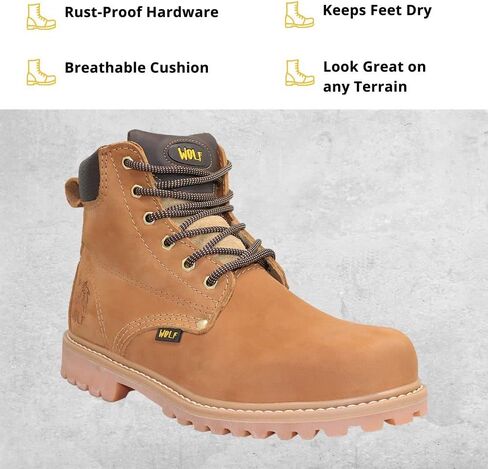 حذاء العمل وولف | جلد البقر المكسيكي الأصلي المقاوم للماء | مقاومة النفط | معزول | نعل مطاطي مانع للانزلاق | بوسكين | طوق مريح مبطن | البناء ومعدات الحماية الشخصية الصناعية | تان in Kuwait