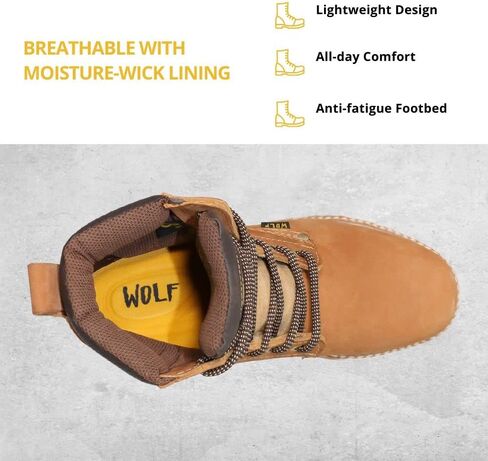 حذاء العمل وولف | جلد البقر المكسيكي الأصلي المقاوم للماء | مقاومة النفط | معزول | نعل مطاطي مانع للانزلاق | بوسكين | طوق مريح مبطن | البناء ومعدات الحماية الشخصية الصناعية | تان in Kuwait