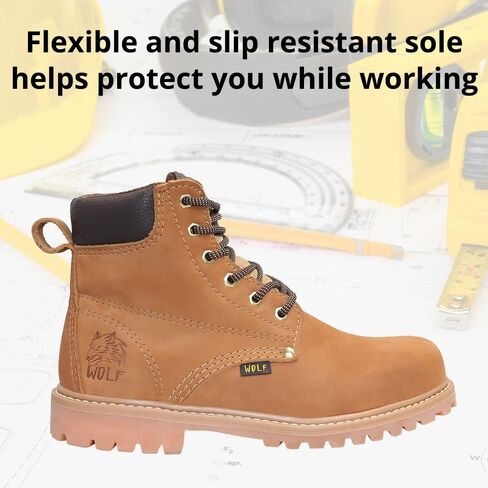 حذاء العمل وولف | جلد البقر المكسيكي الأصلي المقاوم للماء | مقاومة النفط | معزول | نعل مطاطي مانع للانزلاق | بوسكين | طوق مريح مبطن | البناء ومعدات الحماية الشخصية الصناعية | تان in Kuwait