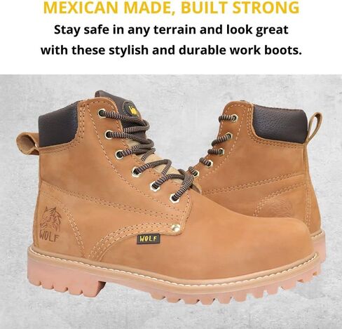 حذاء العمل وولف | جلد البقر المكسيكي الأصلي المقاوم للماء | مقاومة النفط | معزول | نعل مطاطي مانع للانزلاق | بوسكين | طوق مريح مبطن | البناء ومعدات الحماية الشخصية الصناعية | تان in Kuwait