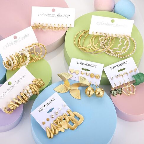 مجموعة أقراط دائرية ذهبية للنساء والفتيات، مجموعة متعددة من أقراط اللؤلؤ، أقراط متدلية أنيقة على شكل قطرة أقراط بوهو مناسبة كهدية لحفلات أعياد الميلاد in Kuwait