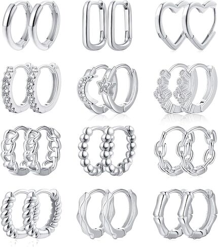 FUNEIA 12 زوجًا من أقراط هوجي مطلية بالذهب عيار 14 قيراط للنساء مكعب زركونيا أقراط دائرية صغيرة مضادة للحساسية مجموعة أقراط غضروف فضية متعددة الثقب للمجوهرات الذهبية للنساء in Kuwait