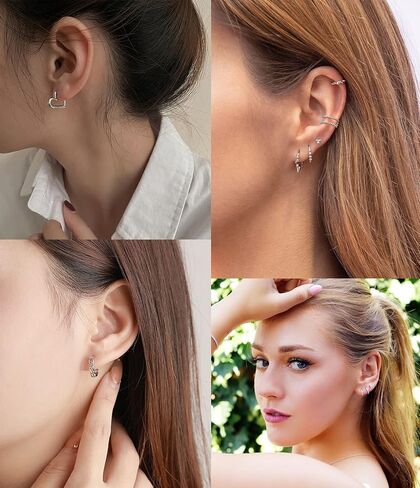 FUNEIA 12 زوجًا من أقراط هوجي مطلية بالذهب عيار 14 قيراط للنساء مكعب زركونيا أقراط دائرية صغيرة مضادة للحساسية مجموعة أقراط غضروف فضية متعددة الثقب للمجوهرات الذهبية للنساء in Kuwait