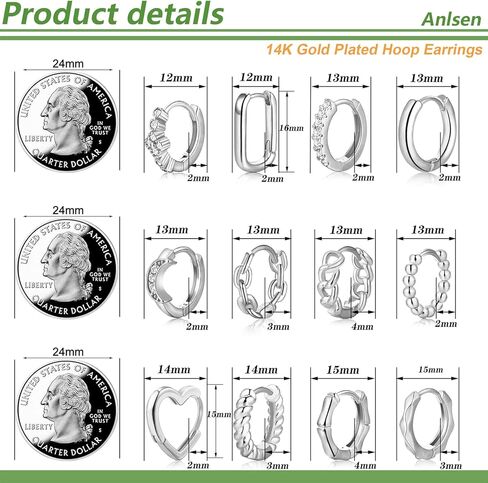 FUNEIA 12 زوجًا من أقراط هوجي مطلية بالذهب عيار 14 قيراط للنساء مكعب زركونيا أقراط دائرية صغيرة مضادة للحساسية مجموعة أقراط غضروف فضية متعددة الثقب للمجوهرات الذهبية للنساء in Kuwait
