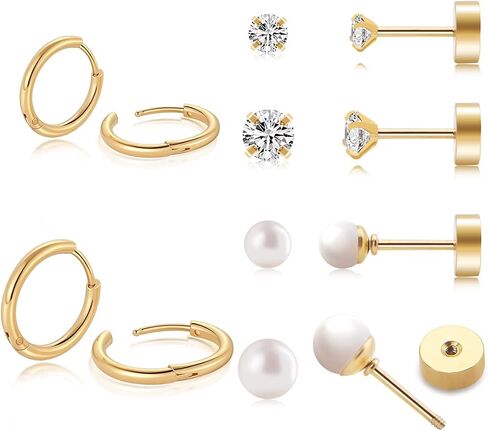 Multiple Sets Small Gold Hoop Earrings for Women Flat Back Stud Earrings Set with CZ Pearl Cartilage Earring for Helix Conch Daith Tragus Piercing Jewelry in Saudi Arabia
