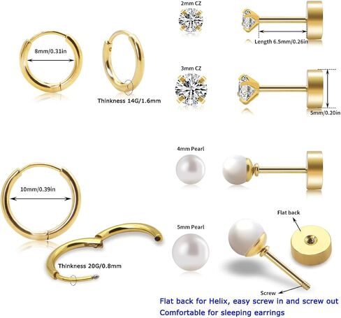 Multiple Sets Small Gold Hoop Earrings for Women Flat Back Stud Earrings Set with CZ Pearl Cartilage Earring for Helix Conch Daith Tragus Piercing Jewelry in Saudi Arabia