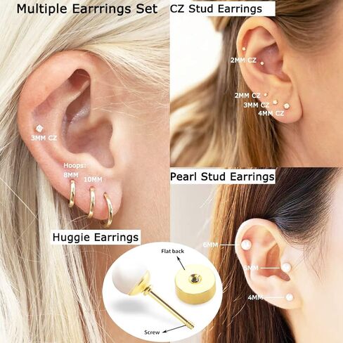Multiple Sets Small Gold Hoop Earrings for Women Flat Back Stud Earrings Set with CZ Pearl Cartilage Earring for Helix Conch Daith Tragus Piercing Jewelry in Saudi Arabia