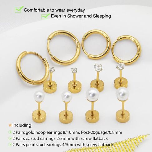 Multiple Sets Small Gold Hoop Earrings for Women Flat Back Stud Earrings Set with CZ Pearl Cartilage Earring for Helix Conch Daith Tragus Piercing Jewelry in Saudi Arabia