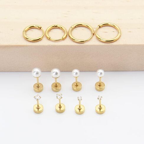 Multiple Sets Small Gold Hoop Earrings for Women Flat Back Stud Earrings Set with CZ Pearl Cartilage Earring for Helix Conch Daith Tragus Piercing Jewelry in Saudi Arabia