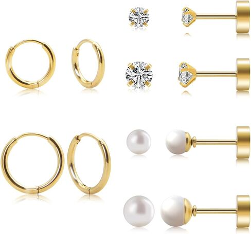 Multiple Sets Small Gold Hoop Earrings for Women Flat Back Stud Earrings Set with CZ Pearl Cartilage Earring for Helix Conch Daith Tragus Piercing Jewelry in Saudi Arabia