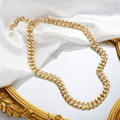 INNERDIVE Chunky Link Chain Necklace,Gold-Plated Cuban Chain Choker Necklace Fashion Antique Statement Choker Collars Necklace Jewelry for Women, Zinc, alloy in Kuwait