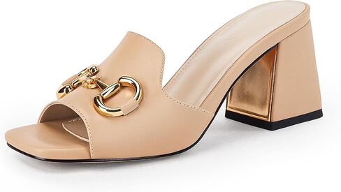 gihubafuil Women's Sandals Peep Toe Slides Chunky Heel Mules Single Band Comfort Slip-on Shoes with Metal Chain for Spring Summer in Saudi Arabia