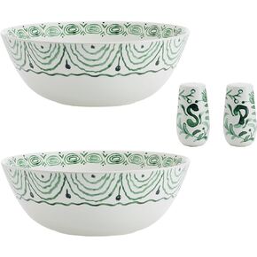 Fitz and Floyd Sicily Green Serving Bowls with Salt & Pepper Shakers, Set of 2