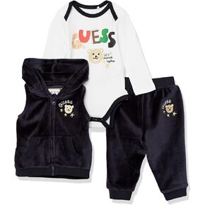 GUESS baby-boys Organic Interlock Embroidered and Screen Print Logo Bodysuit and Organic Chenille Full Zipper Vest and Jogger