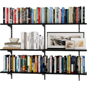 Wallniture Turin 48"x8" Floating Wall Bookshelves for Wall Storage with Adjustable Standard Rail Bracket System, Black, Wood