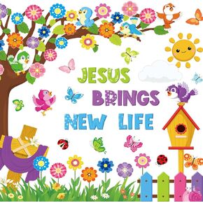 112 Pcs Christian Spring Bulletin Board Decorations Classroom Religious Flower Tree Bulletin Board Set Spring Cutout Jesus Brings New Life Easter Bulletin Board for Classroom Spring Party Decor