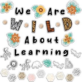 Ctosree 134 Pcs Safari We are Wild About Learning Bulletin Board Set with Sweet Leaf Flower Wood Bead Animals Cutouts Boho Neutral Classroom Bulletin Board for Classroom Bulletin Board Decor