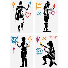 FINGERINSPIRE 4PCS Banksy Man with Doodel in Hat Painting Stencils 8.3x11.7inch Reusable Man with Doodle in Hat Stencils for Painting Large Street Graffiti Art Templates Banksy Theme Stencils