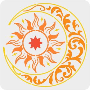 FINGERINSPIRE Large Sun and Moon Stencils 11.8x11.8 inch Stars Stencil Plastic Sun Moon Flower Pattern Stencil Reusable Mandala Sun Moon Stencils for DIY Scrapbooks Painting on Wood Wall Home Decor