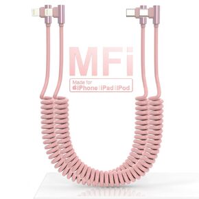 كابل USB C إلى Lightning ملفوف 90 درجة، قطعتان، كابل شاحن USB C Apple Car Play [معتمد من Mfi ومزامنة البيانات]، كابل Lightning قصير قابل للسحب PD 20W USB C للسيارة لأجهزة iPhone/Pad/Pod in Kuwait