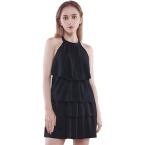 Ruffle Swim Romper with Built in Bra and Pockets, High Waisted Halter Front Tie Knot Swimdress Bathing Suit Black