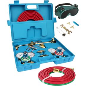 Oxy Acetylene Torch Kit Oxygen Cutting Kits Welding Torch Set Portable Professional Brazing Tool Set with Regulator Gauges Goggles Two Hose & Blue Case