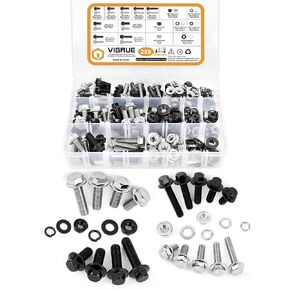 VIGRUE 288 قطعة M6-1.0 M8-1.25 براغي رأس سداسية شفة، 12 مم إلى 30 مم فئة 10.9 سبيكة فولاذية سوداء مطلية بالزنك والفولاذ المقاوم للصدأ شفة براغي سداسية الرأس وصواميل غسالات مجموعة متنوعة، خيط خشن كامل in Kuwait