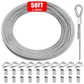 Metal Wire 1/8 inch Stainless Steel Cable 50FT Length Aircraft Cable 7x7 Strand Core Picture Hanging Wire with 10 Pcs Thimbles and 20 Pcs Aluminum Sleeves