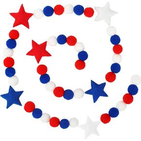 Whaline Patriotic Felt Pom Pom Banner 4th of July Felt Hanging Garland Independence Day Pom Ball Banner Red Blue White Star Decorative Bunting Banner for Memorial Day Home Wall Party Supplies, 8.2Ft in Kuwait