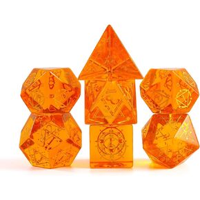 Crystal Orange Glass Dice Set,7 Pcs Orange Pattern Dice Set with Box Used for Dungeon and Dragon Dice Games D4 D6 D8 D10 D% D12 D20 (Glass, Orange)