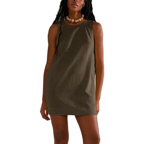 Womens Summer Crew Neck Sleeveless Open Back Dress Casual Beach Sunshine Cotton Linen Mini Dress