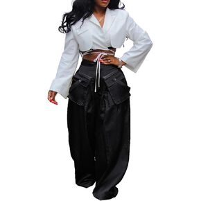 LKOUS Women's High Waist Casual Wide Leg Satin Cargo Pants, Loose Dress Pants for Women, Lounge Pants with Pockets