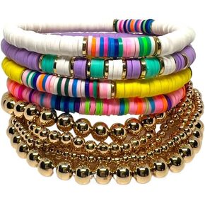 2 Sets Multi-Pack 10 Pieces Handmade Rainbow Clay Bracelets Polymer Clay Bracelets Friendship Clay With Elastic