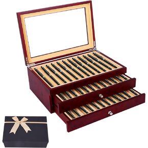 34 Piece Wood Pen Display Box Pen Storage Organizer Box Fountain Pen Collector Case 3 Layers (Red)