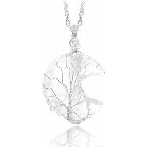 Clear Quartz Crescent Moon Healing Crystal Necklace - Promotes Balance & Clarity. Abundance & Luck