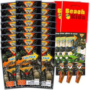 Monster Jam Mini Party Favors Set for Kids - Bundle with 24 Mini Monster Jam Grab n Go Play Packs with Coloring Pages, Stickers and More (Monster Jam Birthday Party Supplies)