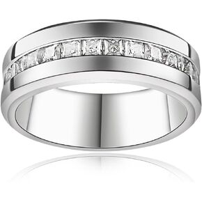 4.35cttw Moissanite Wedding Band Eternity Rings Princess Cut Men Moissanite Ring D Color VVS1 Lab Diamond Channel Set, Sterling Silver with 18K White Gold Plated Promise Ring for Him