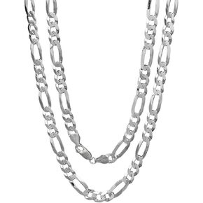 Mens Womens Silver Chain Necklace - 925 Sterling Silver 6.2mm Diamond-Cut Figaro Link Chain Necklace for Women Men, Made in Italy