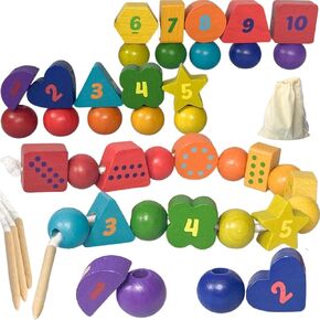 Wooden Lacing Beads Toy for Toddlers Montessori Stringing Bead Toys for Preschool Threading Strings Activity with Numbers