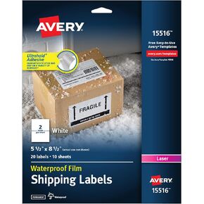 Avery Waterproof Printable Shipping Labels with Sure Feed, 5.5" x 8.5", White, 20 Blank Mailing Labels (15516)
