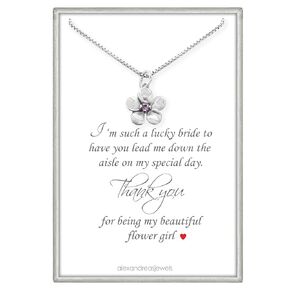 Tiny and Dainty Sterling Silver Flower Necklace for Girls, Flower Pendant with Pink Crystal Necklace, Flower Girl Gift Necklace, 14 inches plus 2-inch extender (high polish silver)