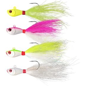 4pcs Fishing Bucktails Jig with Spin Saltwater Hair Jigs Wire Bait Keeper Surf Fishing Lures for Bass Fishing
