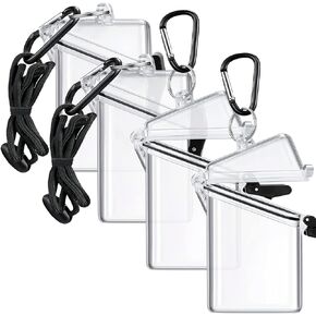 4 Pack Waterproof ID Card Badge Holder Case Clear ID Holder Waterproof Card Holder for Swimming with Lanyard and Keychain for Id Badges Credit Cards Keys Coin Locker Dry Box (4 Pack, Clear)