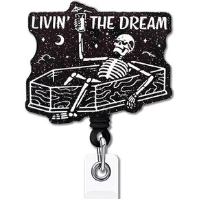 Nurse Retractable Badge Reel with Alligator Clip Livin' The Dream ID Card Badge Holder Sarcastic Badge Funny Skeleton Black Glitter Badge Reel Gift for Office Worker Nurse Doctor Colleague