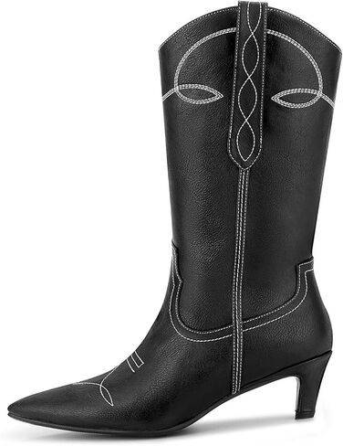 أحذية رعاة البقر الغربية من ويت كيس للنساء أحذية راعية البقر للنساء أحذية مطرزة لمنتصف الساق مع كعب قطط قصير ومقدمة مدببة in Kuwait