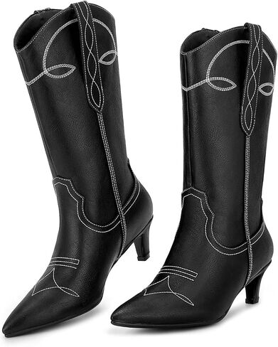 أحذية رعاة البقر الغربية من ويت كيس للنساء أحذية راعية البقر للنساء أحذية مطرزة لمنتصف الساق مع كعب قطط قصير ومقدمة مدببة in Kuwait