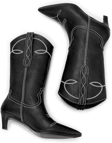 أحذية رعاة البقر الغربية من ويت كيس للنساء أحذية راعية البقر للنساء أحذية مطرزة لمنتصف الساق مع كعب قطط قصير ومقدمة مدببة in Kuwait