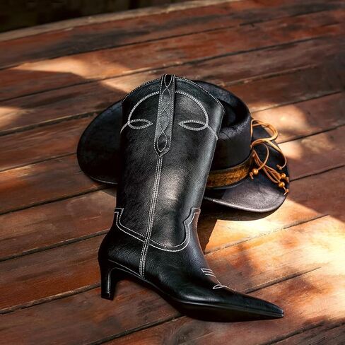 أحذية رعاة البقر الغربية من ويت كيس للنساء أحذية راعية البقر للنساء أحذية مطرزة لمنتصف الساق مع كعب قطط قصير ومقدمة مدببة in Kuwait