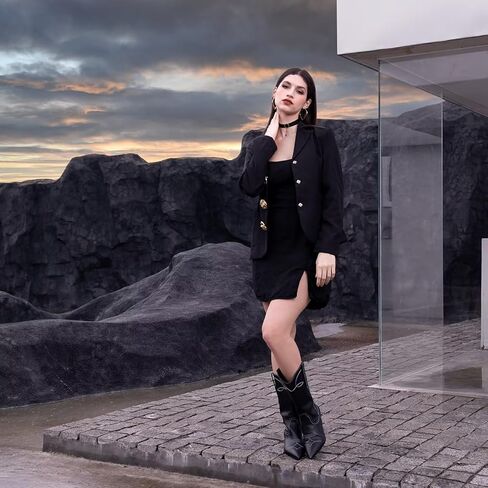 أحذية رعاة البقر الغربية من ويت كيس للنساء أحذية راعية البقر للنساء أحذية مطرزة لمنتصف الساق مع كعب قطط قصير ومقدمة مدببة in Kuwait